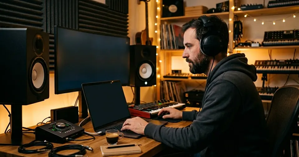 Producer in home studio with laptop and speakers
