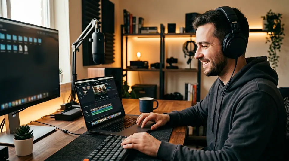 Creator with headphones exporting
